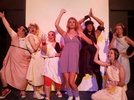 Joseph Maubach, Joel Collins, Tracy Pelzer-Timm, Jenny Winn, Sara King, Becca Meumann, and Linda Ruebling in the District Theatre's Xanadu