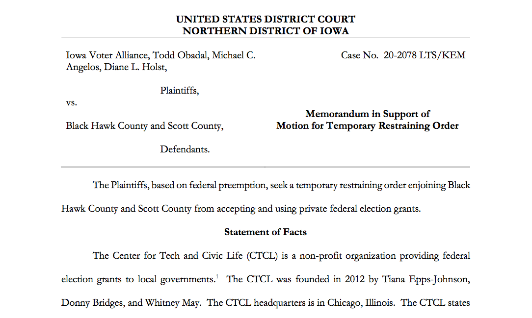 Iowa Voter Alliance Sues Scott County Over CTCL Election Grnt
