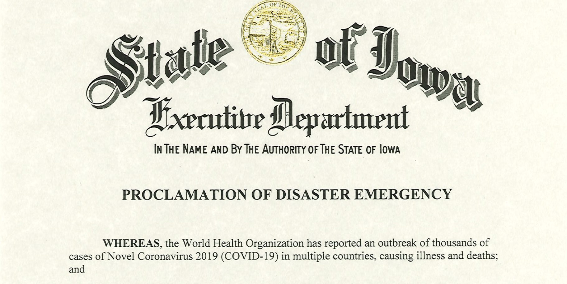 Iowa Executive Department Emergency Declaration 2021