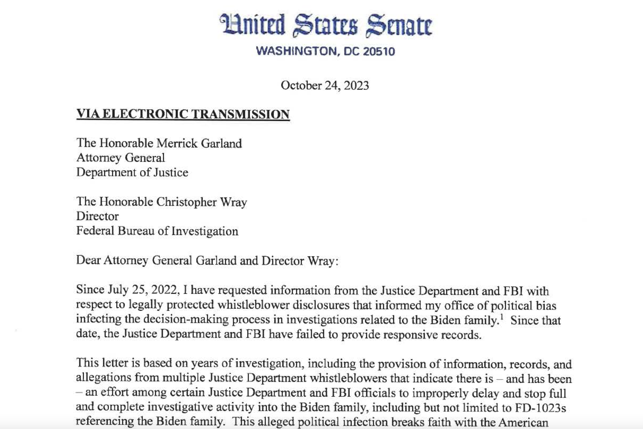 Senator Grassley Letter to DOJ Biden Inquiry Oct 2023