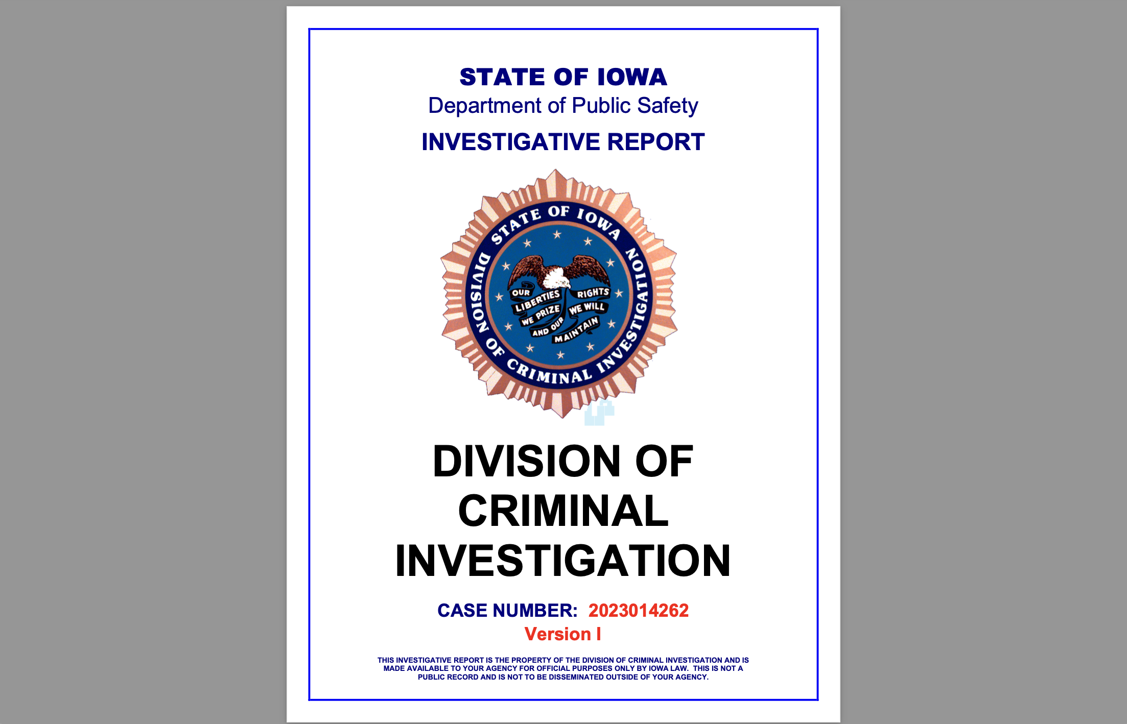 DCI Report on 324 Main Street Case Number 2023014262 Version 1 Cover Page