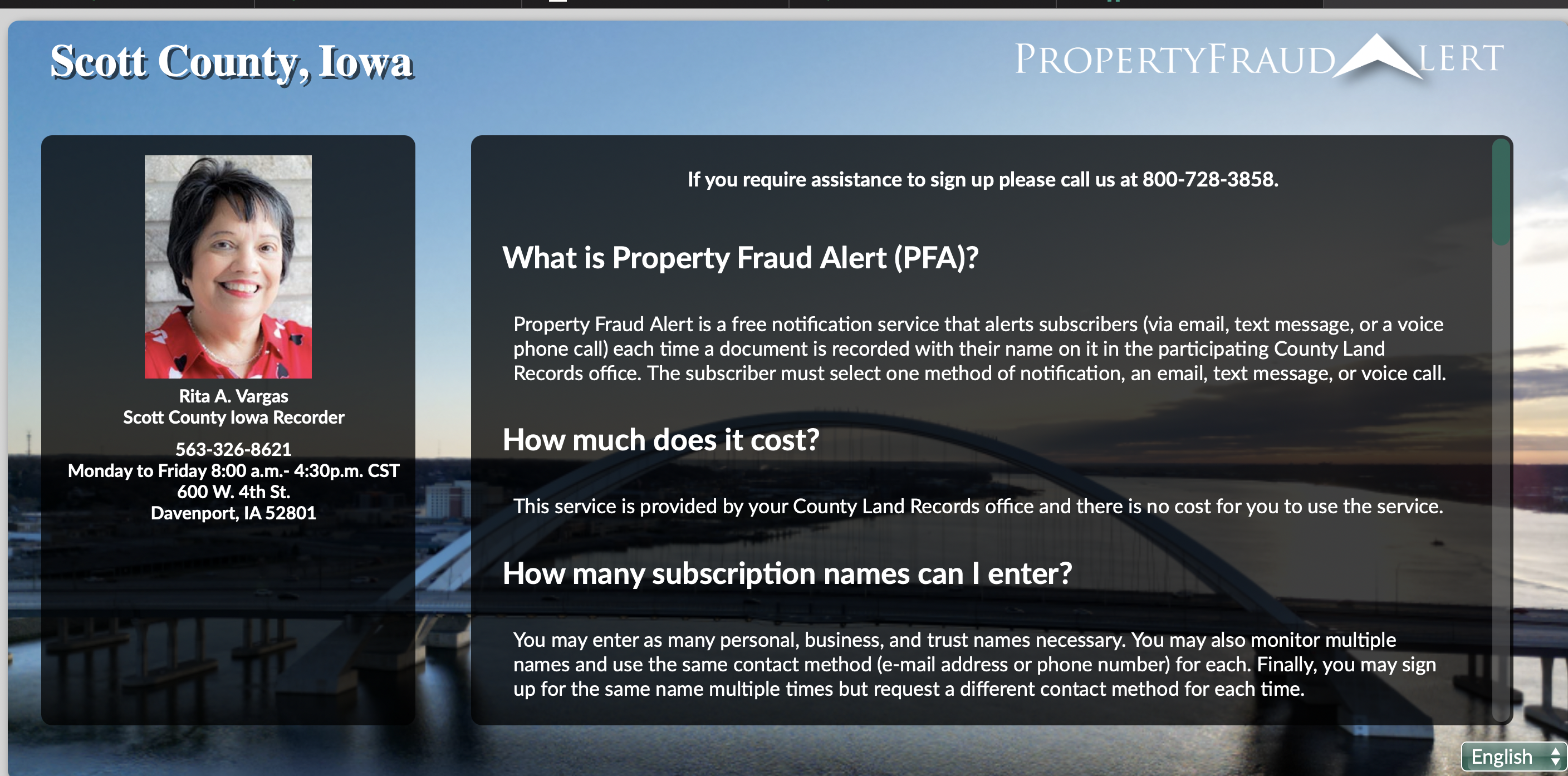 OCT 2026 Scott County Recorder Property Fraud Alert Webpage Screenshot