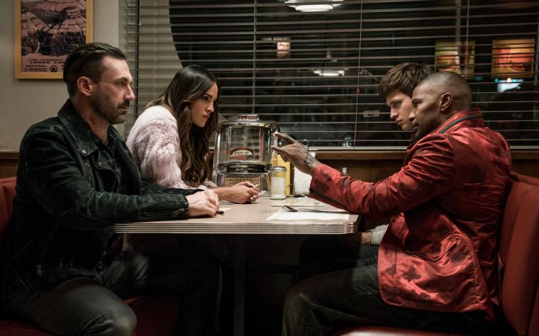 Jon Hamm, Eiza González, Ansel Elgort, and Jamie Foxx in Baby Driver