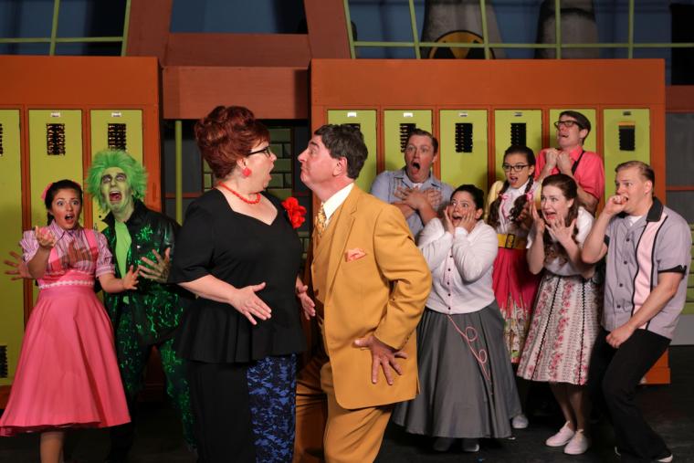 Emily Gulden, Don Denton, Rachelle Walljasper, Tom Walljasper, J.J. Johnson, Becca Brazel, Anna Marie Myatt, Sarah Goodall, Max Robnett, and Keenan Odenkirk in the Mississippi Bend Players' Zombie Prom