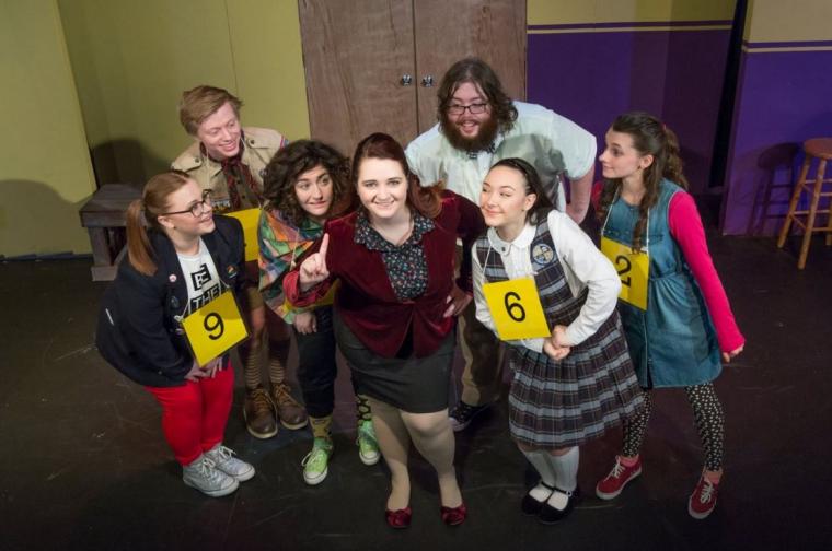 Kelci Eaton, Daniel Williams, Leslie Munson, Kathryn Jecklin, Benjamin Graham, McKenzie Lofgren, and Cydney Weitzel in the Black Box Theatre's The 25th Annual Putnam County Spelling Bee