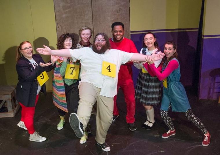 Kelci Eaton, Leslie Munson, Daniel Williams, Benjamin Graham, Keenen Wilson, McKenzie Lofgren, and Cydney Weitzel in The 25th Annual Putnam County Spelling Bee