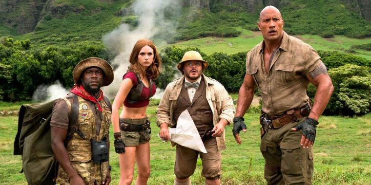 Kevin Hart, Karen Gillan, Jack Black, and Dwayne Johnson in Jumanji: Welcome to the Jungle