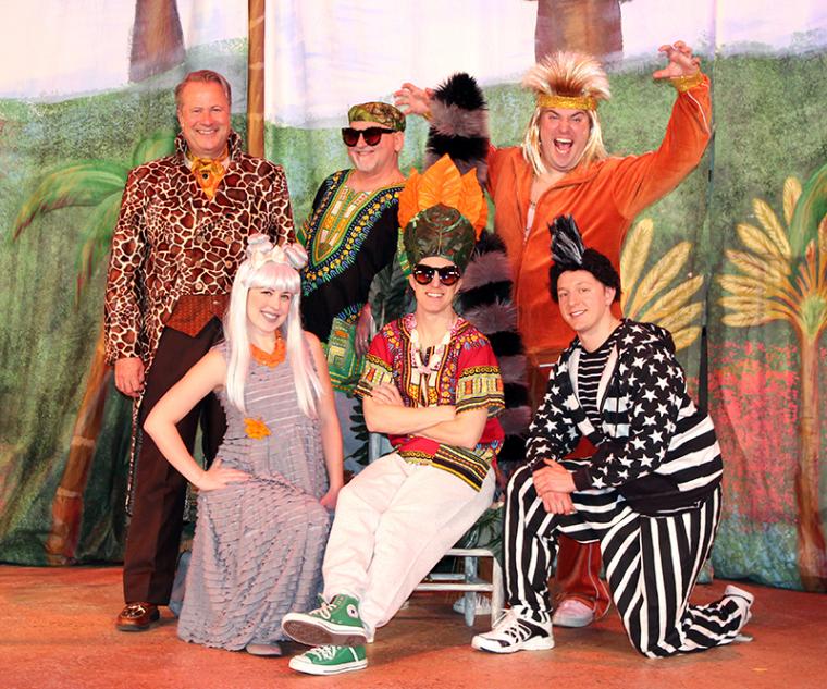 Jeff March, Joanna Mills, Janos Horvath, Bret Churchill, Nicholas Munson, and Michael Penick in Madagascar: A Musical Adventure