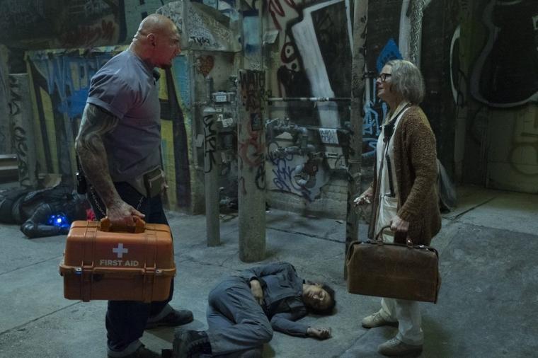 Dave Bautista, Jenny Slate, and Jodie Foster in Hotel Artemis