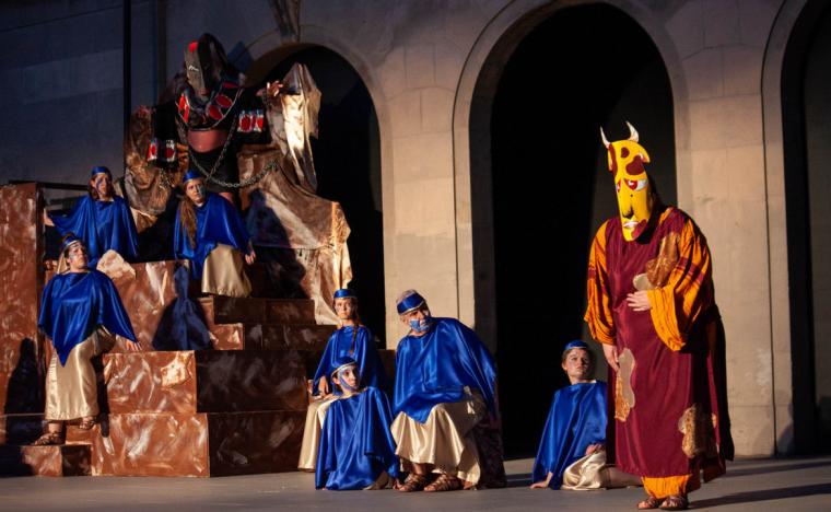 George Cornelius, Liz Sager, and ensemble members in Prometheus Bound
