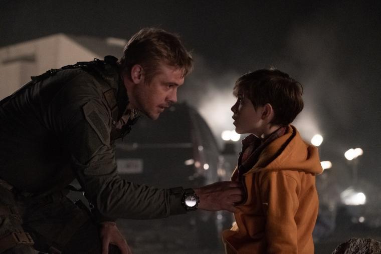 Boyd Holbrook and Jacob Tremblay in The Predator