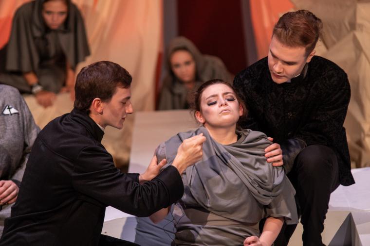 Peter Aldfano, Emily Palmieri, and Jonathan Meir in The Crucible