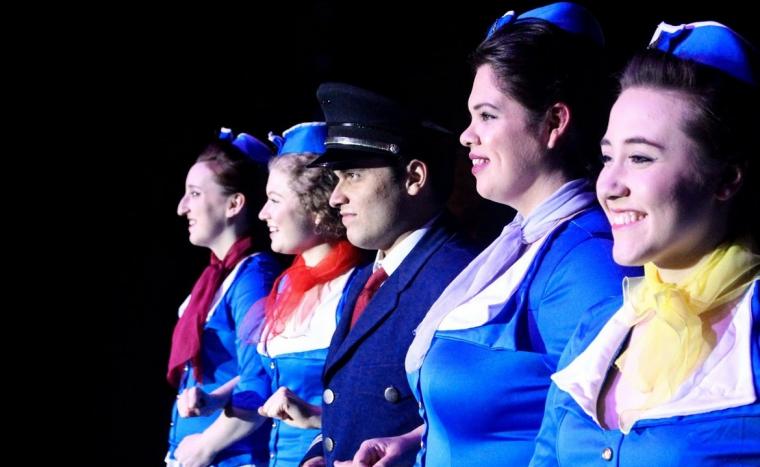  Martha O'Connell, Megan Warren, Adam Sanders, Stephanie Moorehead, and Claire Schaecher in Quad City Music Guild's Catch Me If You Can