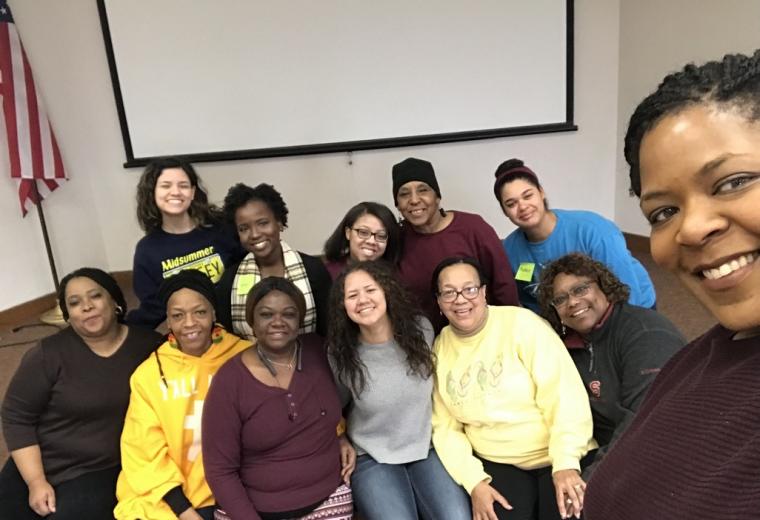 "For Colored Girls" back row: Ivy Jensen, Amari Harris, Chelsea Ward, Shellie Moore-Guy, Maddie Jackson; front row: Tammy Reed, Lu Anne Sisk, Joy Johnson, Ivy Jensen, Elaine Miller, Diana Allen; foreground: Alisha Hanes.