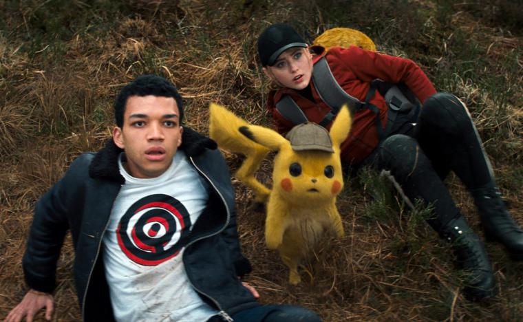 Justice Smith, Ryan Reynolds (kind of), and Kathryn Newton in Pokemon Detective Pikachu