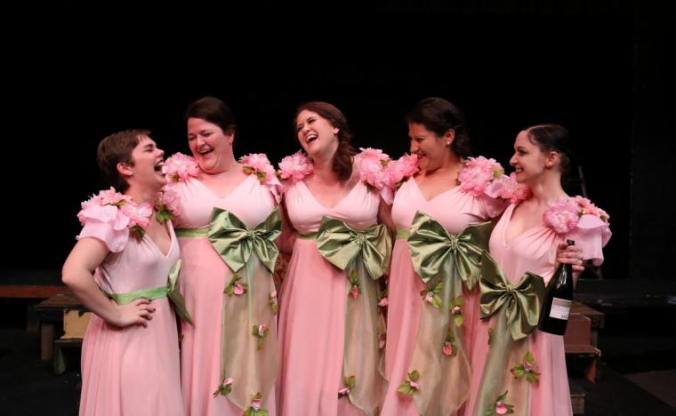 Mattie Gelaude, Emmalee Hilburn, Elle Winchester, Jazmin Mendez-Barradas, and Stephanie Moeller in Five Women Wearing the Same Dress (photo by Jesse Mohr)