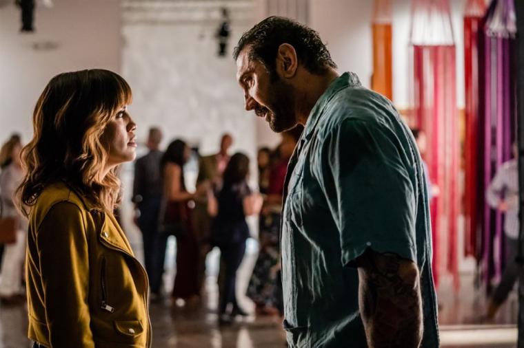 Natalie Morales and Dave Bautista in Stuber