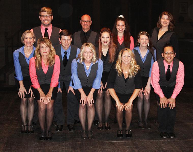 Nicholas Munson, Brad Hauskins, Kelsi Ford, Sydney Dexter (back), Andrea Moore, Derrick Bertram, Kirsten Sindelar, Sara Nicks-Daggett (middle), Jennifer Diab, Laura Hammes, Sunshine Ramsey, and Micah Bernas (front) in The Best of the Bootleggers