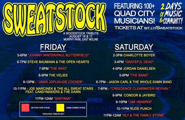 Sweatstock schedule for August 16 and 17 at The Bend at Murphy Park.