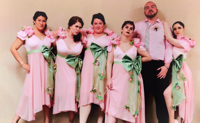 Jazmin Mendez-Barradas, Elle Winchester, Emmalee Hilburn, Mattie Gelaude, Payton Brasher, and Stephanie Moeller in the Playcrafters Barn Theatre's Five Women Wearing the Same Dress