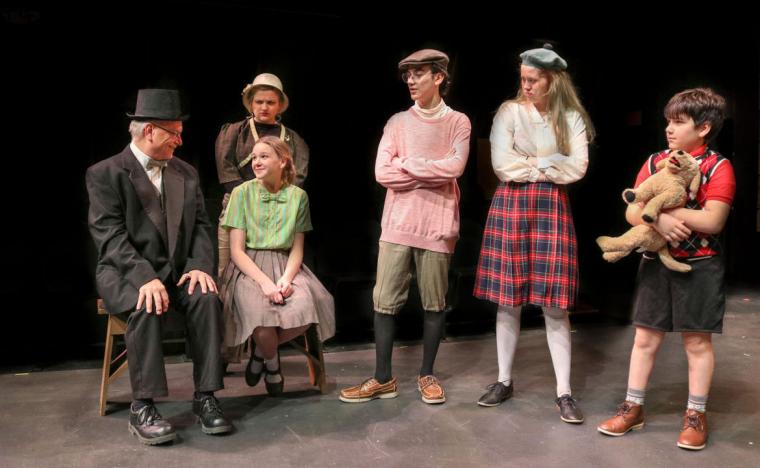 Jim Strauss, Lauren Larson, Isabella Belshause, Ghazy Mahamid, Naoko Sambdman, and Abraham Gomez in The Boxcar Children