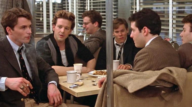 Tim Daly, Mickey Rourke, Daniel Stern, Kevin Bacon, Steve Guttenberg, and Paul Reiser in Diner