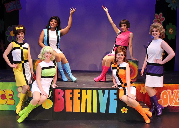 Erica Lee Bigelow, Brooke Myers, Kira Rangel, Ravyn Davis, Savannah Bay Strandin, and Noel Jean Huntley in the Circa '21 Dinner Playhouse's Beehive: The '60s Musical