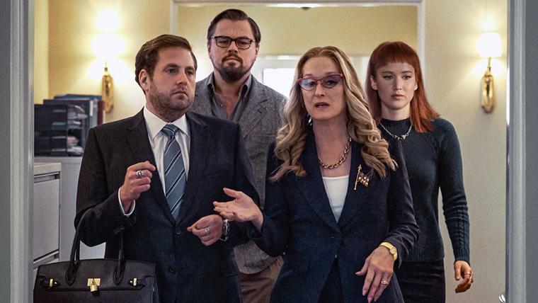 Jonah Hill, Leonardo DiCaprio, Meryl Streep, and Jennifer Lawrence in Don't Look Up