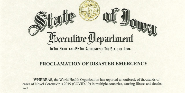 Iowa Executive Department Emergency Declaration 2021