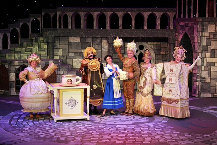 Shelley Walljasper, Tristan Tapscott, Savannah Bay Strandin, Bobby Becher, Ashley Mills Becher, and Elsa Scott Besler in Beauty & the Beast