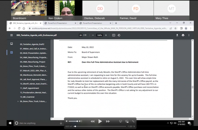 Scott County Iowa Board of Supervisors May 10 Committee of the Whole Meeting Video Screenshot.png Scott County Iowa Board of Supervisors May 10 Committee of the Whole Meeting Video Screenshot