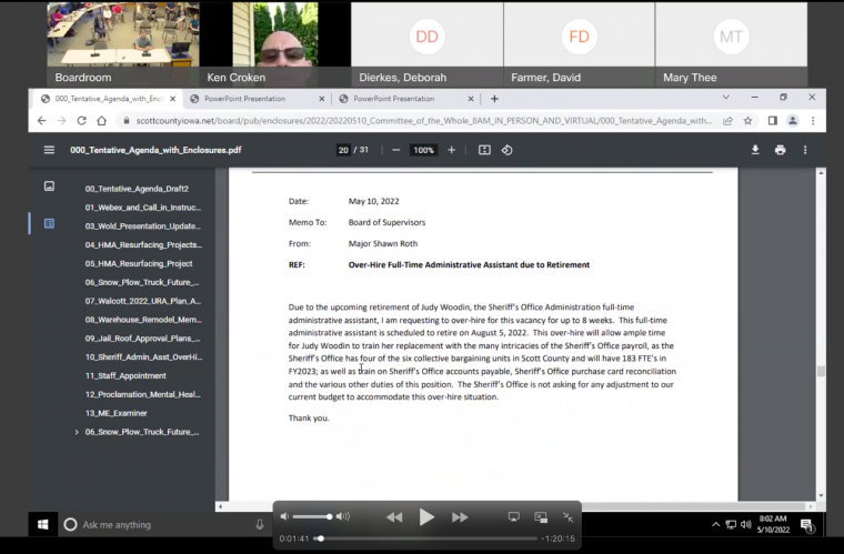 Scott County Iowa Board of Supervisors May 10 Committee of the Whole Meeting Video Screenshot