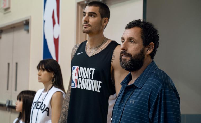 Juancho Hernangómez and Adam Sandler in Hustle