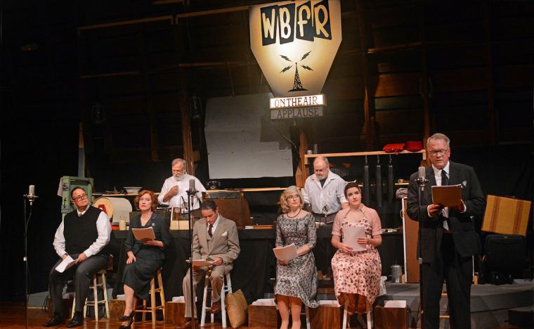 Mike Kelly, Lorrie Lord, Mike Skiles, Greg O'Neill, Leigh VanWinkle, Jim Skiles, Elizabeth Shaffer, and Larry Lord in Vintage Hitchcock: A Live Radio Play