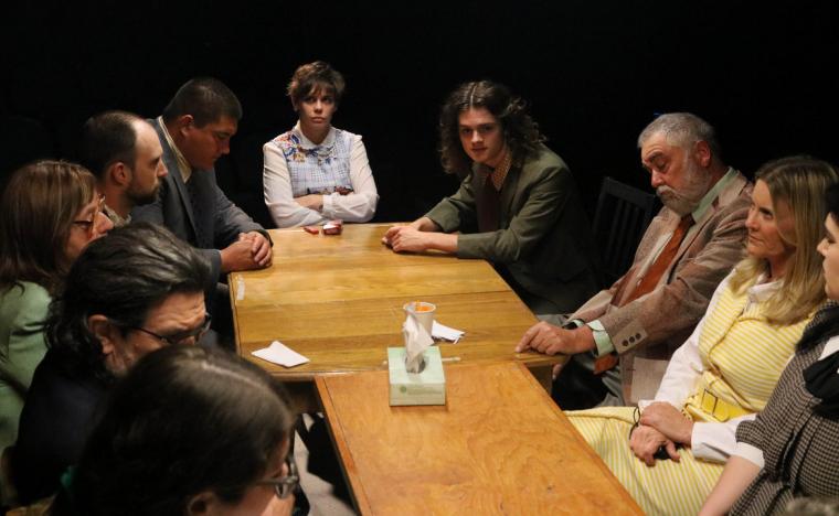 (clockwise from lower left) Shyan DeVoss, Mark Garden, Jackie Skiles, Cole McFarren, Michael Hernandez, Mattie Gelaude, Charles Thomas Budan, Kendall Burnett, Jessica White, and Kitty Israel in 12 Angry Jurors (photo by Jesse Mohr)