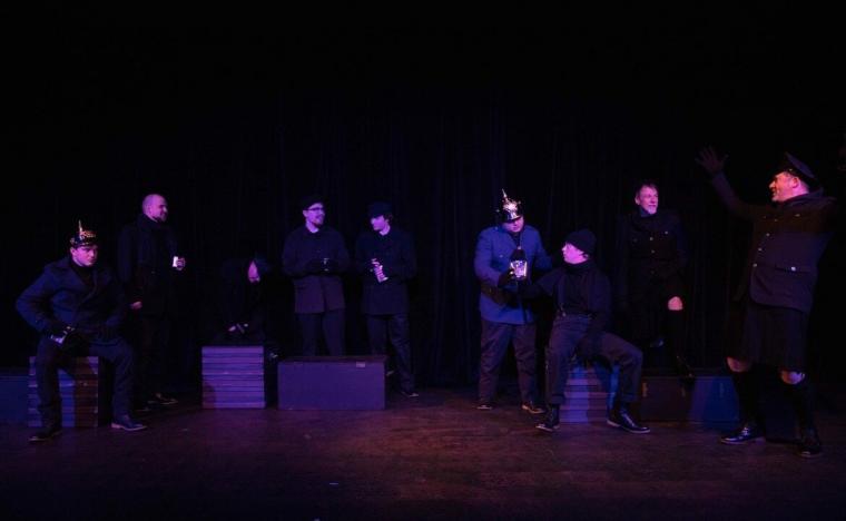 K. Vaughn Myers Jr.,, Philip Tunnicliff, Ben Geogeon, Thayne Lamb, Drew DeKeyrel, Jorge Mendez, Daniel Williams, Don Faust, and Kirsten V. Myers Sr. in the Black Box Theatre's All Is Calm: The Christmas Truce of 1914