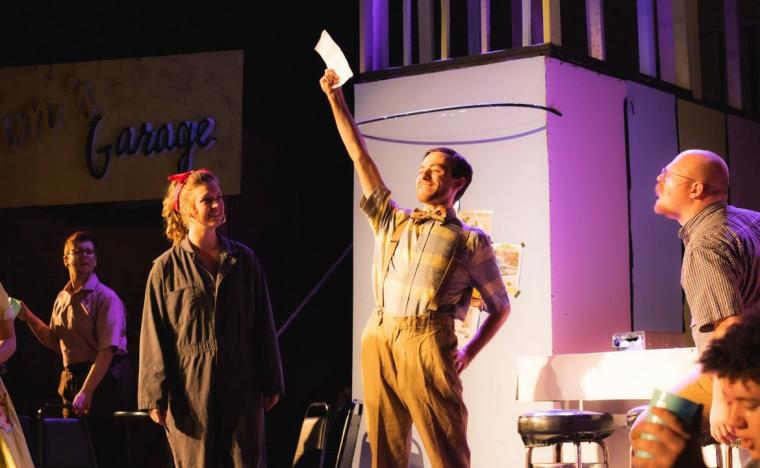 Becca Johnson, Brian Heffernan, and ensemble members in All Shook Up