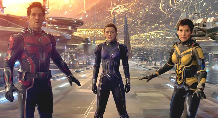 Paul Rudd, Kathryn Newton, and Evangeline Lilly in Ant-Man & the Wasp: Quantumania