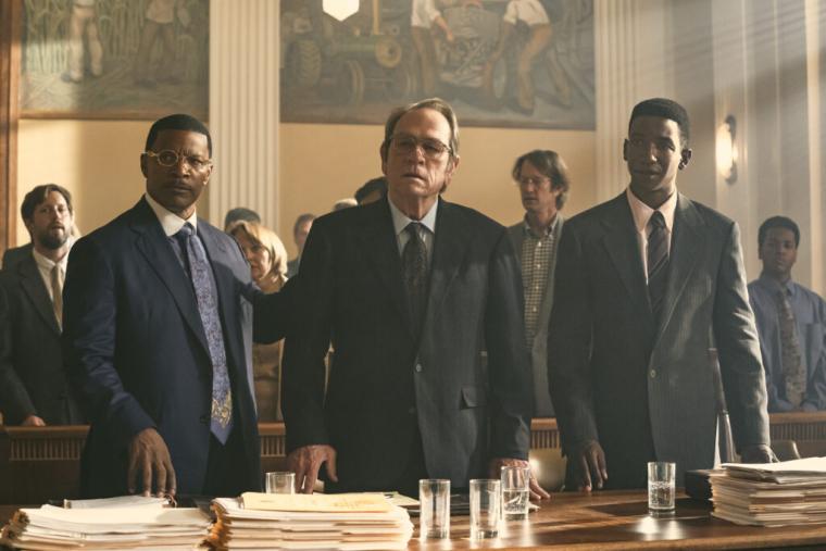 Jamie Fioxx, Tommy Lee Jones, and Mamoudou Athie in The Burial
