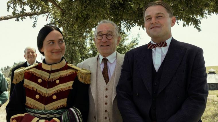 Lily Gladstone, Robert De Niro, and Leonardo DiCaprio in Killers of the Flower Moon