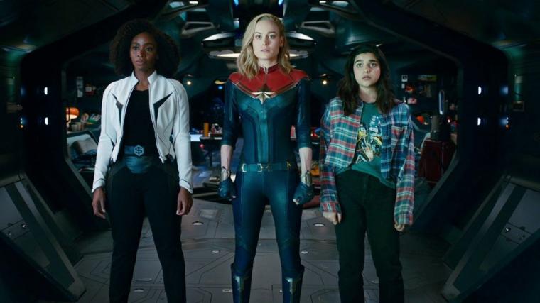 Teyonah Parris, Brie Larson, and Iman Vellani in The Marvels