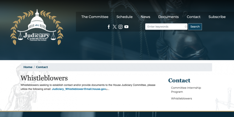 U.S. House of Representatives Judiciary Committee on Weaponization of Federal Government Website Scr