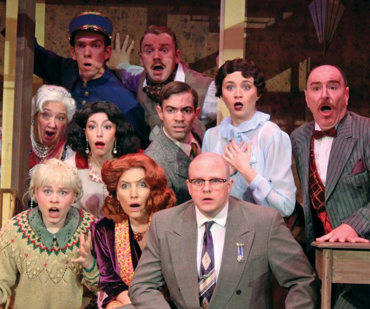 (back row) Micah Weese, Kyle DeFauw; (middle row) Shelley Walljasper, Cara Moretto, Bear Manescalchi, Savannah Bay Strandin, Tom Walljasper; (front row) Quinnie Rodman, Kimberly VanDerGinst, and Tristan Layne Tapscott in Murder on the Orient Express