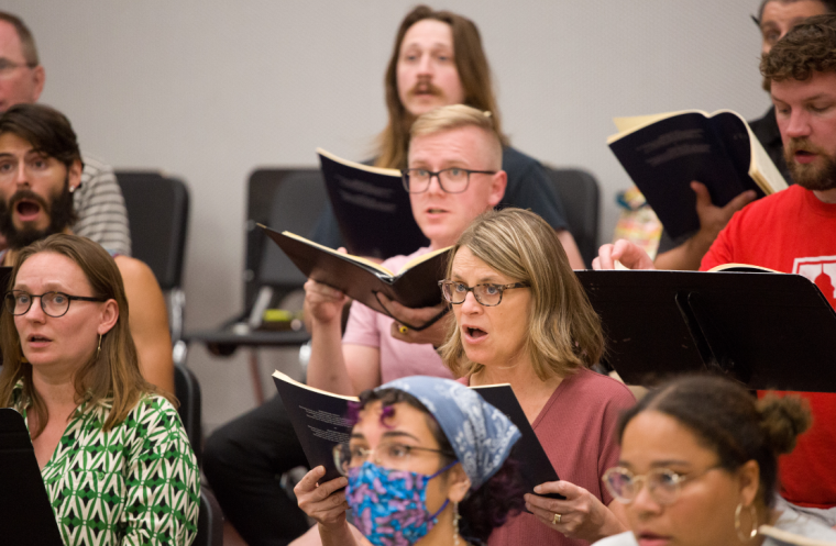 The choir in a recent rehearsal for the October 12 and 13 performances.