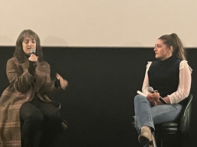 Author Rachel Yoder, left, speaks with Julia Glausi at the post-film screening at Last Picture House, Davenport (photo by Jonathan Turner).