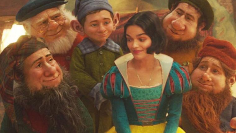 Rachel Zegler and Five of the Seven Dwarfs in Snow White