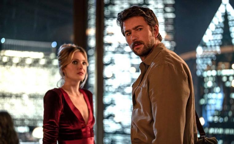 Meghann Fahy and Brandon Sklenar in Drop