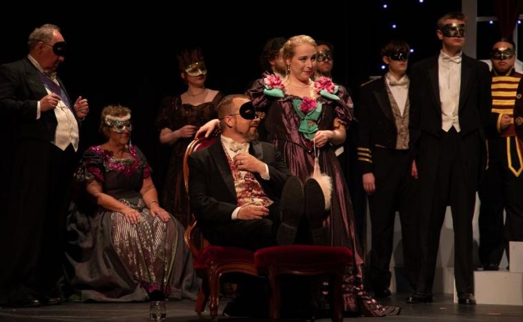 Benjamin Laur, Chelsea Crumbleholme, and ensemble members in Die Fledermaus ((photo by Missy Myers of Capturing Fireflies Photography)