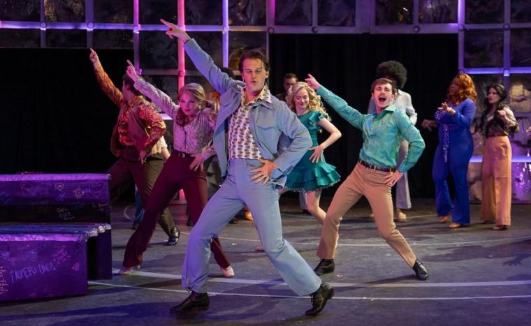 Tanner Gleeson and ensemble members in Saturday Night Fever (photo by Jenna Stebbins).