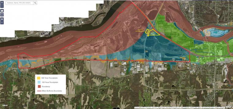 This map shows the Milan Bottoms area as defined by the red border. It includes the area targeted for development and the Bally casino property, both outlined in yellow. From Friends of Milan Bottoms Facebook